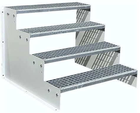 SRM Design 4 Stufen Standtreppe Stahltreppe Wangentreppe Gitterrosttreppe Außentreppe Industrietreppe Modell 2 weiß 18 cm Stufenhöhe 90 cm Breite 72 cm Höhe ohne Geländer