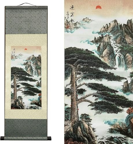AtfArt Silk Scroll Painting, River Landscape, 36.2x12in | Welcoming Pine Chinese Landscape Art, Silk Wall Hanging Scroll for Living Room, Bedroom, Office Decor