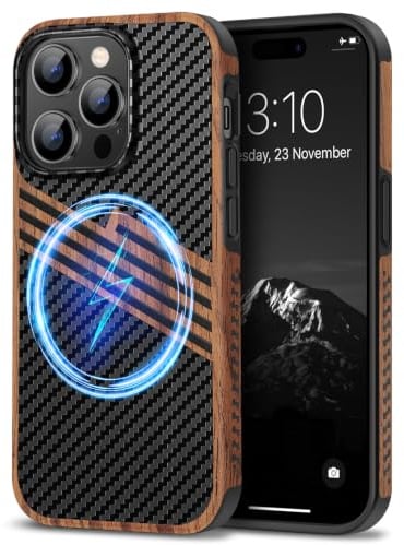 TENDLIN Cover Magnetica per iPhone 14 Pro Compatibile con MagSafe Custodia in Legno con Carbonio e Pelle Compatibile con iPhone 14 Pro (Strisce)