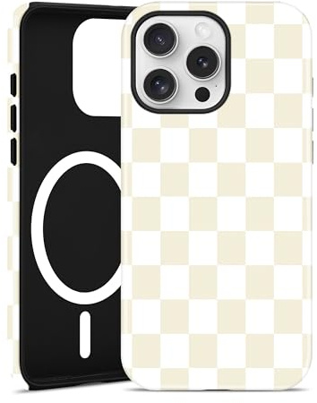 Jusy Cute Checkered Magnetic Case for iPhone 13 Pro Max, Beige | Compatible with MagSafe, Aesthetic Checkerboard Aesthetic Design, Wireless Charging, TPU and PC Shockproof