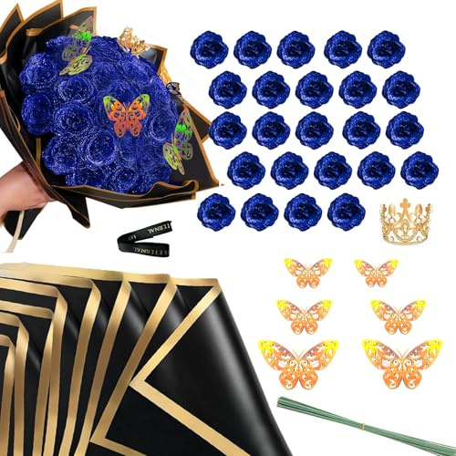 KHDULQ Fiore Artificiali 24 Pezzi Rose Glitterate con Carta da Regalo e Corona Bouquet di Rose Artificiali per San Valentino Matrimoni Regali di Compleanno Anniversari (Blu)