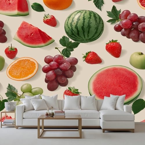 Wlujhia Fototapete Obst Thema Erdbeere Vlies Tapeten Wassermelone Traube Moderne Fototapete Wandtapete Wohnzimmer Schlafzimmer Wand Dekoration Art Fototapeten 350X256 cm