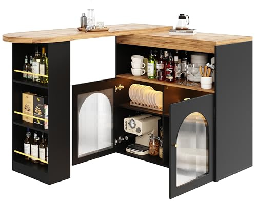OCACA Moderner ausziehbarer Bartisch, drehbarer Hochtisch mit Stauraum und Glasfront, Kücheninsel LED Lichtleiste, für Küche und Esszimmer,138–193cm(Black+MDF)