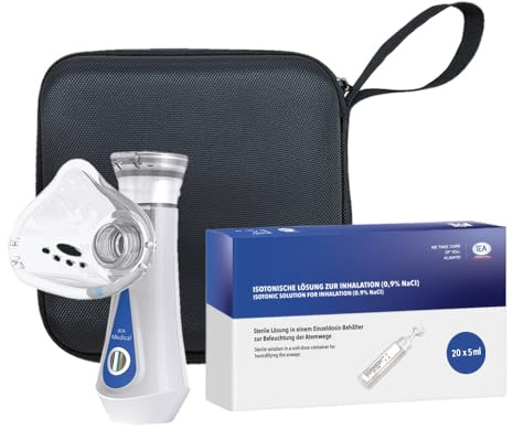 IEA Medical Inhalator Set mit Hardcase+ Kochsalzlösung 0,9% NaCl (20×5 ml) – tragbarer Vernebler/Inhalationsgerät, Mikrovernebelung feiner Nebel, USB-C aufladbar, sterile isotonische Inhalationslösung