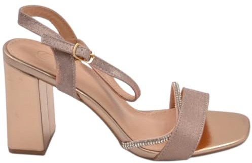 Scarpe Sandalo Donna Oro Rosa Pelle con Fasce a Incrocio satinate e Chiusura alla Caviglia Sling Back Tacco Largo 5cm