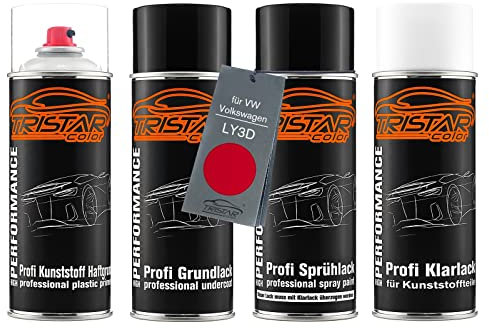 TRISTARcolor Autolack Spraydosen Set für Kunststoff Stoßstange für VW/Volkswagen LY3D Tornadorot Haftgrund Grundlack Basislack Klarlack mit Weichmacher Sprühdose
