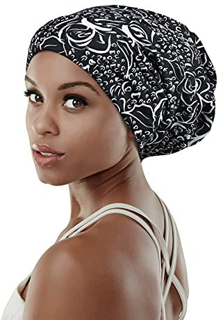 FocusCare Damen Satin gefüttert Schlaf Slouchy Cap Curly Slap Kopfbedeckung Geschenke für Kraus Haar eine größe passt meistens Creme-Blumen