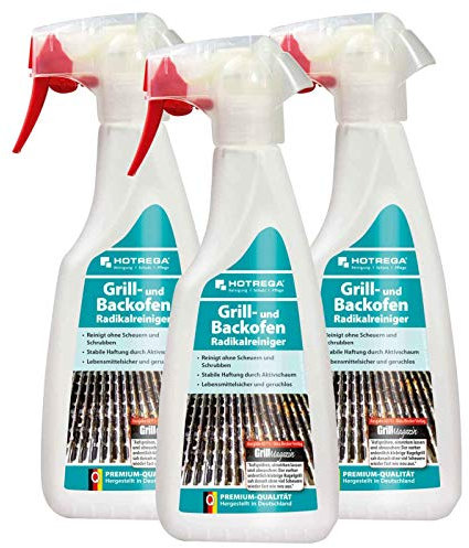 HOTREGA Grill und Backofen Radikalreiniger 3x 500ml | Chlor- & lösemittelfrei | Für Edelstahl, Glas, Keramik | Entfernt angebrannte Rückstände mühelos