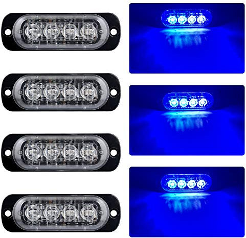 4pcs Ultra Mince 4LED Lumières Stroboscopiques Warining Beacon Lights Barre d'éclairage d'urgence Lampe de Voiture Auto Flash Lamp Universel Pour 12-24V Voiture Camion Remorque (Bleu)