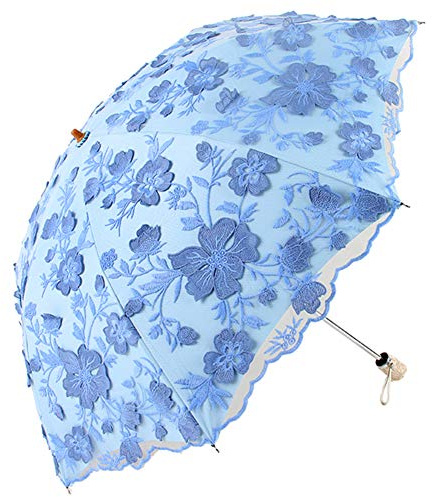 Honeystore Sonnenschirm, Vintage, Spitze, UV-Sonnenschirm, zweifach faltbar, 3D-Blumen-Stickerei Gr. Einheitsgröße, 34 Blau