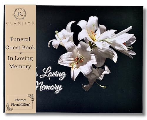 JC Classics Memory Book for Funeral | Book of Condolence with Memory Table Card Sign (Black-Lily)