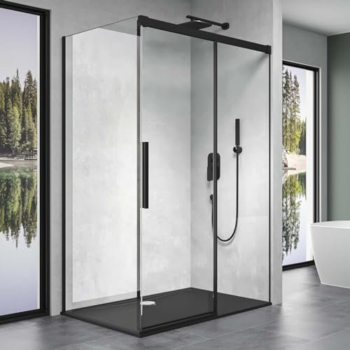 doporro Box Doccia 90x140x195cm, Cabina Doccia Angolare con Porta Scorrevole Soft-close in Profilo Nero Vetro di Sicurezza ESG Vetro Trasparente Incluso Rivestimento Ravenna12k