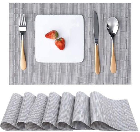 Myir JUN Tischsets Abwaschbar 8er Set, Gewebte Platzdeckchen rutschfest Abgrifffeste Hitzebeständig, Vinyl Platzsets Abwaschbar für küche Speisetisch Hotel, Platz-Matten30x43.5cm (Silber)