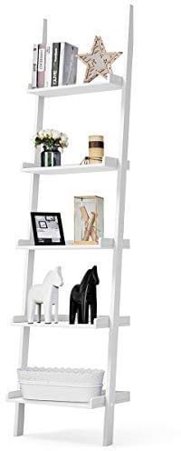 GIANTEX Leiterregal mit 5 Ebenen, Standregal Bücherregal aus Holz, Vintage Industrial, Wandlehnregal Treppenregal Pflanzenregal für Wohnzimmer, Schlafzimmer, Balkon, Büro (weiß)