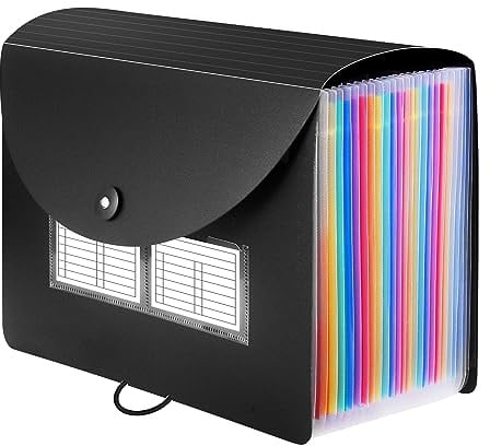 Sooez 24 Pockets Expanding File Folder with Blank Labels, According File Organizer with Expandable Cover, Desktop Accordion Folders Letter A4 Paper Document Storage Organizer, Black