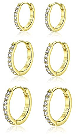 Hasnsofie Creolen Silber Damen Ohrringe, 3 Paare 925 Sterling Silber Creolen Ohrringe Set, Hypoallergen Klein Schlafen Creolen Ohrringe mit AAA Zirkonia, Silber Gold Kreolen Ohrringe Set in 10 12 14mm