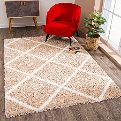 SANAT Madrid Shaggy Teppich - Hochflor Teppiche für Wohnzimmer, Schlafzimmer, Küche - Beige, Größe: 200X290 cm