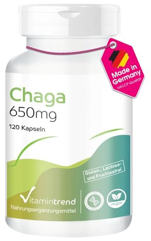 Vitamintrend Chaga Pulver 1300mg Tagesbedarf, 120 Kapseln, Nahrungsergänzungsmittel vegan ohne Magnesiumstearat, in Deutschland hergestellt