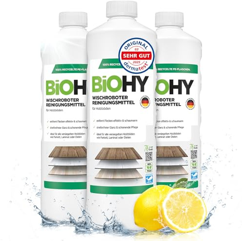 BiOHY Wiping robot cleaning agent (3 x 1l Bottle) | Floor cleaner for wooden floors such as parquet & laminate | streak-free shine on oiled wood | concentrate with fresh fragrance (Wischroboter Holz)
