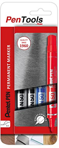 PenTools by Pentel Pennarello indelebile N50, punta a proiettile resistente, tratto da 3 mm, per marcatura permanente, confezione da 4, colori assortiti