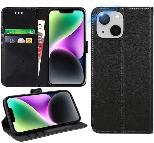 DN-Technology for iPhone 14 Case Flip Leather Wallet Book Stand Folio Card Holder Phone Cover iPhone 14 6.1'' (BLACK)