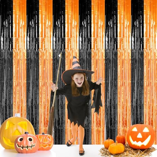 2Pcs Halloween Folien- Fransenvorhänge,Vorhang Party Foto Hintergrund Streamer Hintergrund für Halloween- Party(3. 3Ft X 6. 5Ft,Orange Schwarzer)