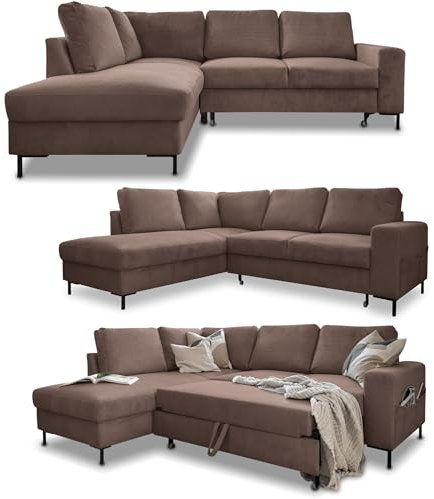 MIUFORM Ecksofa mit Schlaffunktion, Lofty Lilly Wohnlandschaft L-Form, Couch L Form Wohnladschaft mit Schlaffunktion Schlafcouch, Sofa Cord Metallfüße (Taupe, Links ausgerichtet)