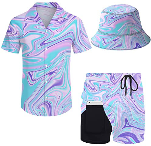 Wdpsuxin Herren-Trainingsanzug, Hawaii-Trainingsanzug, Button-Down-Shirt und Kompressionsfutter, Shorts, Sets mit Eimerhüten, 2-teilig, Trippy, Large