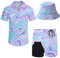 Wdpsuxin Herren-Trainingsanzug, Hawaii-Trainingsanzug, Button-Down-Shirt und Kompressionsfutter, Shorts, Sets mit Eimerhüten, 2-teilig, Trippy, Large