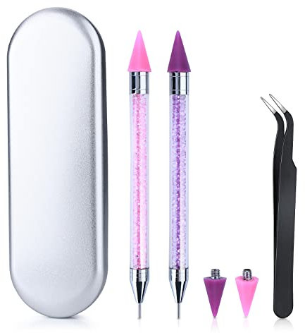 Dotting Tool Strass Picker Werkzeug Buntstifte für Strassstein Diamantmalerei Verzierungsstifte 2 Doppelseitige Strassstifte mit 2 Zusätzlichen Wachsspitzen 1 Nagelkunst Pinzette