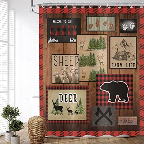 ASDCXZ Rideau de Douche Ferme 180x200 cm, Ferme rétro Animal de la forêt Cerf Ours Mouton Textile Lavable Rideau Douche Tissu imperméable pour Baignoire avec 12 Crochets