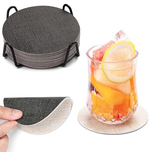 Chitomars Untersetzer Gläser 12er Set, Doppelseitigen Leder Untersetzer Rund rutschfest Glasuntersetzer Abwaschbare Getränkeuntersetzer Kunstleder Glas Untersetzer-Set (Grau Cremeweiß, Rund)