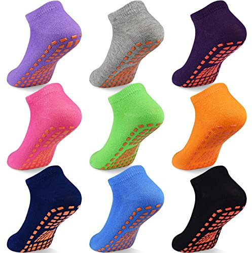 ELUTONG Kinder Trampoline Socken - Baumwolle Jungen Mädchen Antirutschsocken, 9 Paar Non Slip Grips Ankle Boden Kindersocken 10-13 Jahre(gemischte farben 1)
