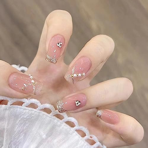 24 Stück Kunstnägel zum Aufkleben Kurze Eckig, Perle Strass French Künstliche Nägel Rosa Glitzer Press on Nails, Ballerina Acryl Falsche Nägel für Frauen Mädchen Party und Heimat DIY