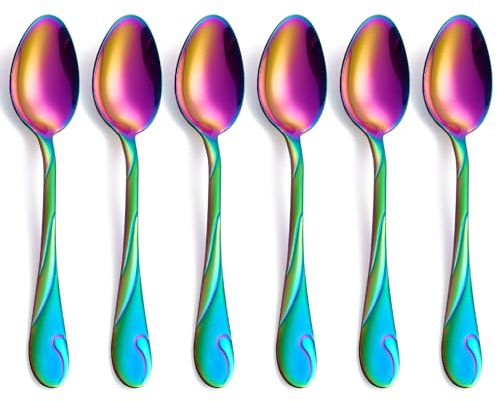 Seeshine Regenbogen-Esslöffel-Set, 19,3 cm, Edelstahl-Löffel, Besteck, 6-teilig, glänzend, Regenbogen-Suppenlöffel, Tafellöffel, spülmaschinenfest, 6 Stück