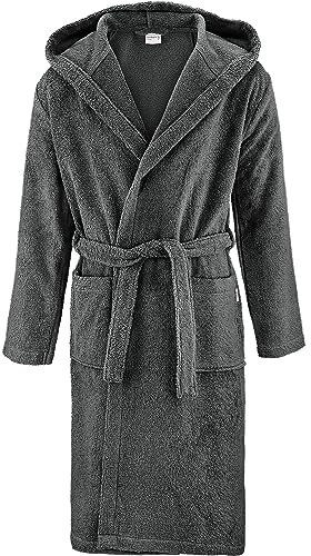 herzbach home Bademantel Herren Kapuze Baumwolle Frottee lang – hochwertig, flauschig & saugstark (Anthrazit, M)