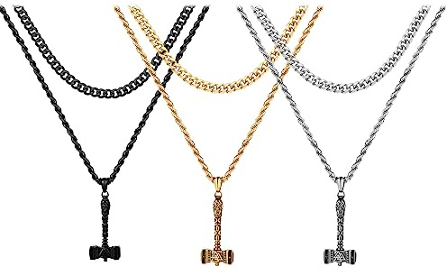 JewelryWe Schmuck Wikinger Mjölnir Halskette Herren Edelstahl Thors Hammer Anhänger mit Kette Nodischer Viking Amulett Geschenk für Männer