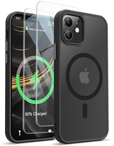 ORETECH Coque pour iPhone 12/12 Pro avec 2 Verre Trempé Protection écran, Etui Translucide Mat Arrière Housse Antichoc Coque Magnétique pour iPhone 12 Compatible avec Mag-Safe 6.1 Noir