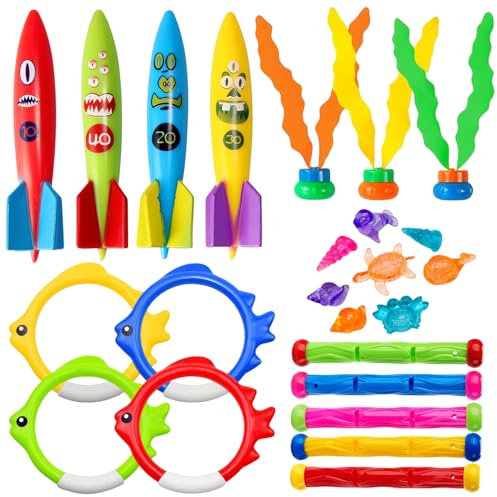 24 Pièces Jouet de Plongée Piscine,Jouets de Anneaux Piscine Enfant Set,Jeux de Natation Enfant Extérieur L'Été,pour Divertissements Entrainement Sous Marin Plongée Natation Garçon Fille 4-12 Ans
