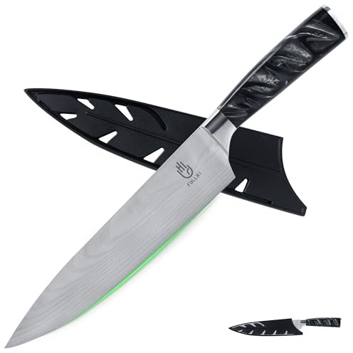 FULLHI Cuchillos de cocinero, Cuchillo Japonés Multicolor de 8 Pulgadas con Guarda, Cuchillo de Cocina Alemán de Acero Inoxidable Premium con funda (Resina negra)