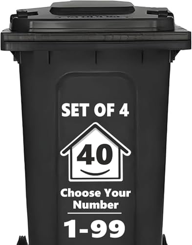 4 x Bin Numbers for Wheelie Bins, 1-99, 15cm ‘Happy House’ Design Dustbin Stickers, Easy Application Stick On Number Stickers - Weatherproof Self Adhesive Vinyl, Black (40)