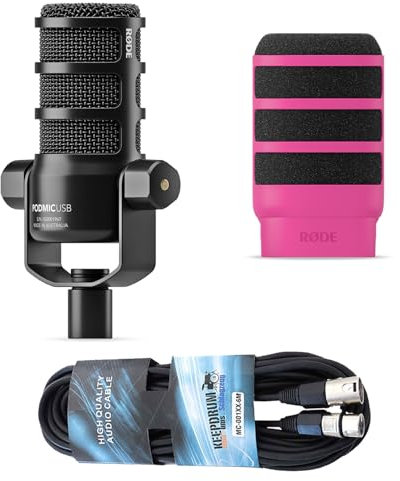 Rode Podmic USB XLR Podcast Speaker Microphone + WS14P Deluxe Pop Protection Pink + Keepdrum XLR Cable