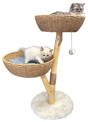 Wooden Cat Tower – Rattan Cat Tree with 2 Rattan Baskets, Scratching Post, and Washable Cushions – Aesthetic Cat Trees – Boho Cat Towers for Indoor Cats