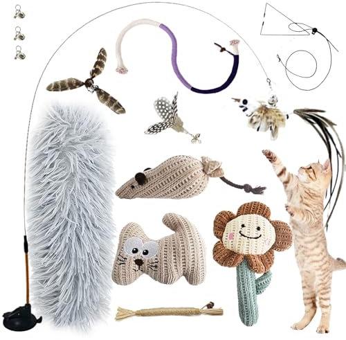 7-en-1 Jouet Chat Interactif, Ventouse Collante Lavable, Jeu pour Chat Oiseau Qui Bouge Interieur, Jouets Suspendus pour Chats, Bâtonnets Herbe à Chat et Corde à Mâcher, Oreiller en Peluche