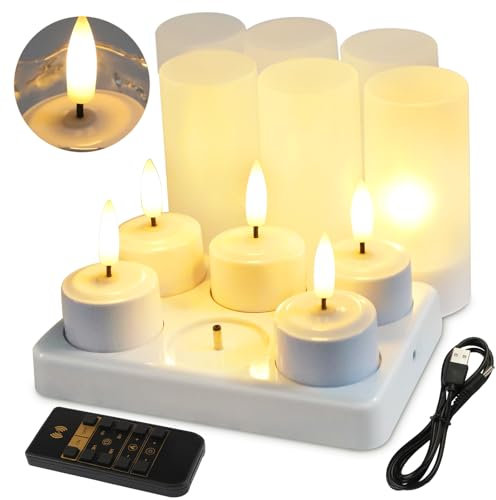 EuroFone Rechargeable LED Candles,6pcs Battery LED Flameless Tealight Candles with Remote Control and Timer, Candle Lights with Charging Station for Home Room Table Halloween Christmas Decor