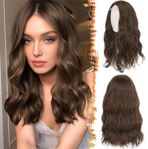 BARSDAR 46cm Gewellt Braun Perücke, Mittel Länge Perücke für Frauen Natürlich Mittelscheitel Haar Hitzebeständig Synthetisches Schulter Länge Lockige Perücken - Licht Schokolade Braun