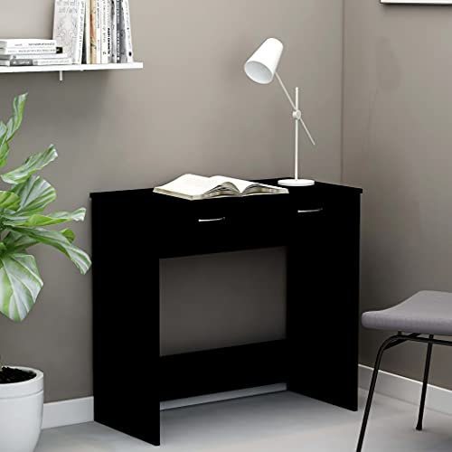 FENLAX Escritorio para oficina, color negro, 80 x 40 x 75 cm, material de madera, elegante y moderno, con dos cajones, carpeta y libros, almacenamiento para dormitorio, juvenil y habitación infantil