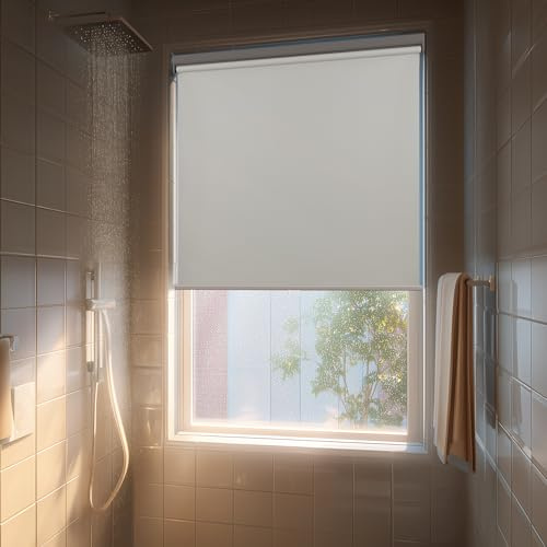 HESTIA No Drill Cordless Blackout Roller Shades Screwless Waterproof Shower Window Blinds, Auto-Retraction Easy Install Blind for Bathroom/Kitchen/Office/Exterior, White, 22 W x 54 H