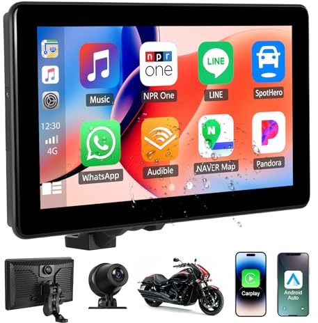 CAMECHO Motorrad Wireless Carplay & Android Auto für Motorcycle,7 Zoll IP68 Wasserdichter HD Touchscreen für Motorräder mit DVR,Zahlenschloss,Bluetooth,EQ,Nachtsicht,Winkel einstellbar