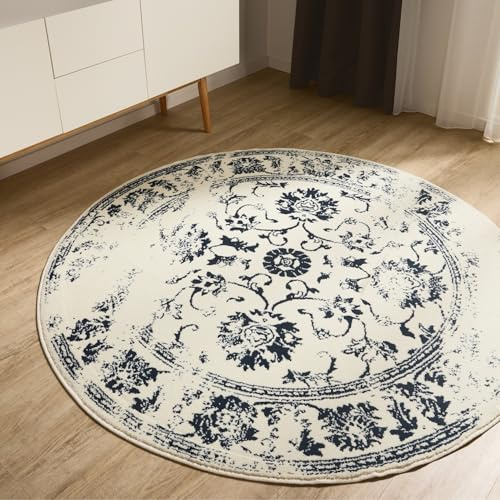 benuta Basic Teppich Suki - Creme/Blau 120 cm rund - Kunstfaser - rund & im Style: Vintage, Orient Style - Pflegeleicht für Wohnzimmer Schlafzimmer